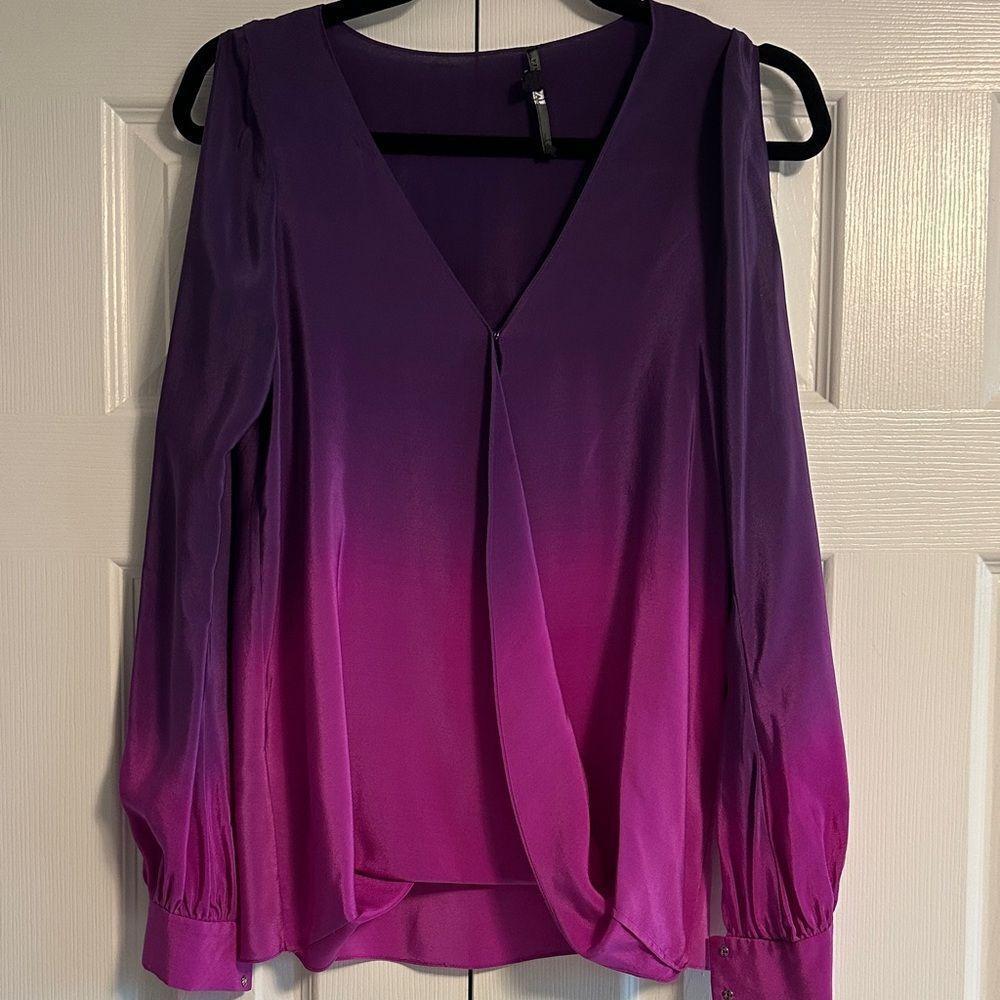 JayGodfrey Purple and Pink Ombre V Neck Open Arm Silk Blouse Size 2